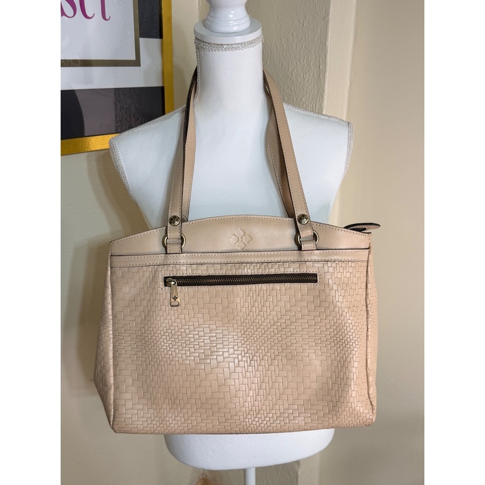 Patricia Nash Cream Woven Leather Shoulder Bag Tote Antique Brass Hardware